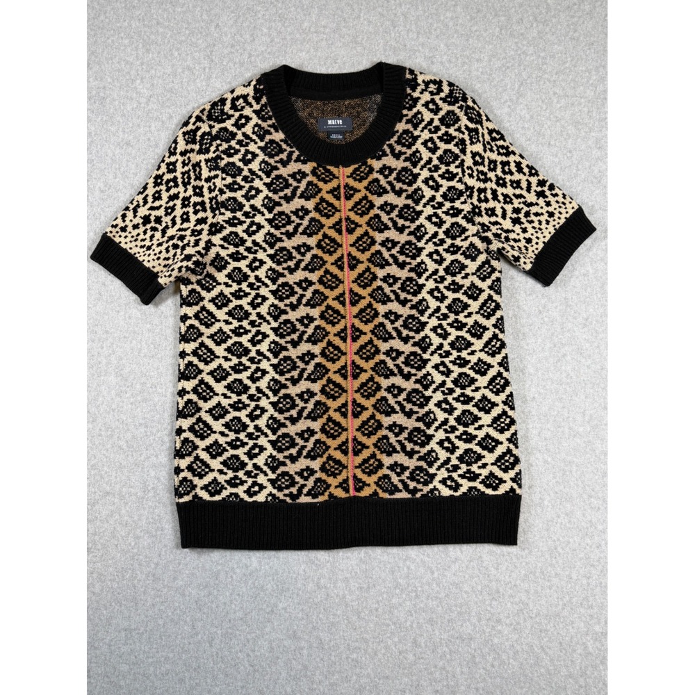 Maeve Anthropologie Short Sleeve Sweater Tan Black Leopard Print Knit Top